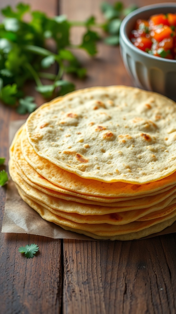 A stack of warm corn tortillas on a wooden table with salsa and cilantro.